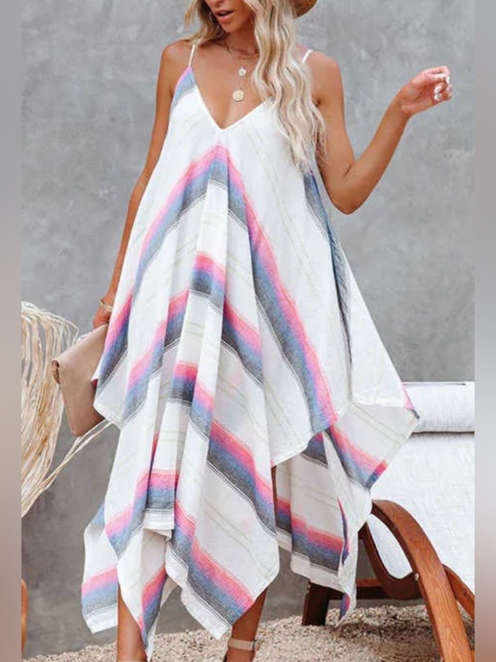Lovestitch Boho V-Neck Handkerchief Gauze Maxi Dress - White Pink & Blue Stripes